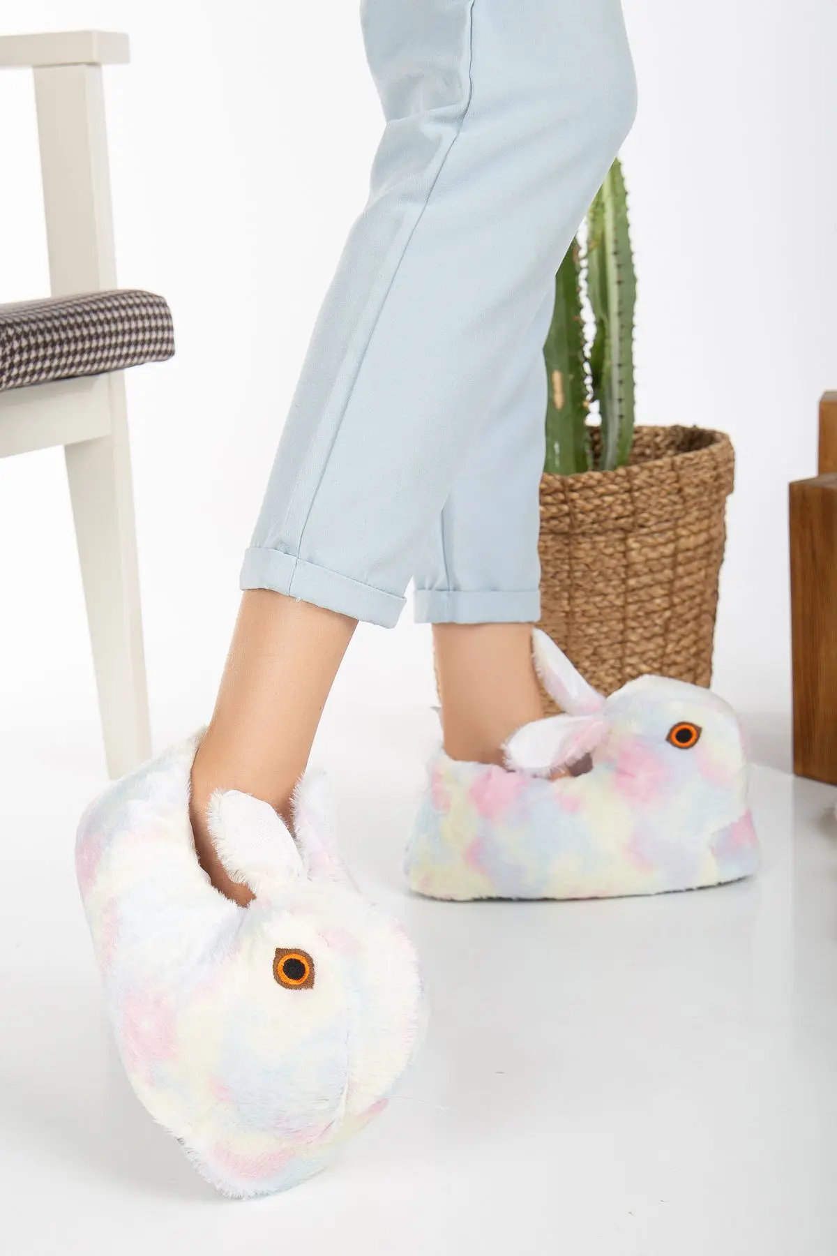 Tavşan Figürlü Gri Peluş Panduf Ev Pandufu Unisex