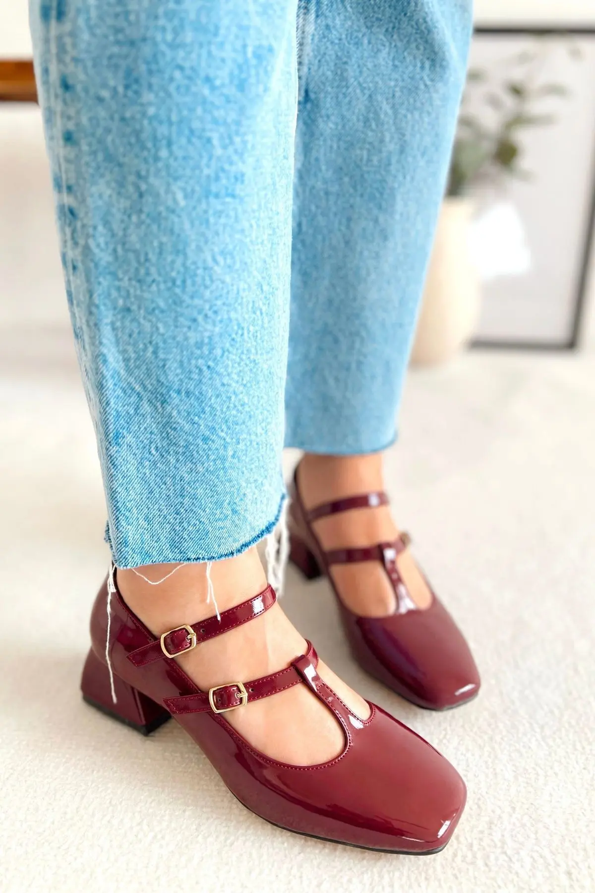 Kadın Mary Jane Bordo Rugan Arkası Kapalı Çift Bant Kare Burunlu Baretli Kısa Blok Topuklu Ayakkabı