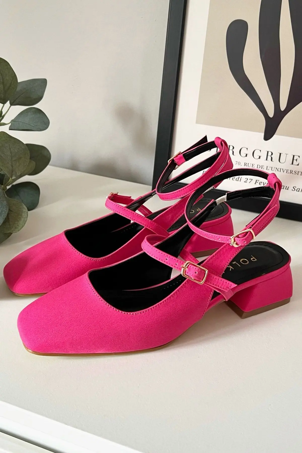Kadın Mary Jane Mat Pembe Fuşya Arkası Açık Kare Burunlu Baretli Kısa Blok Topuklu Ayakkabı