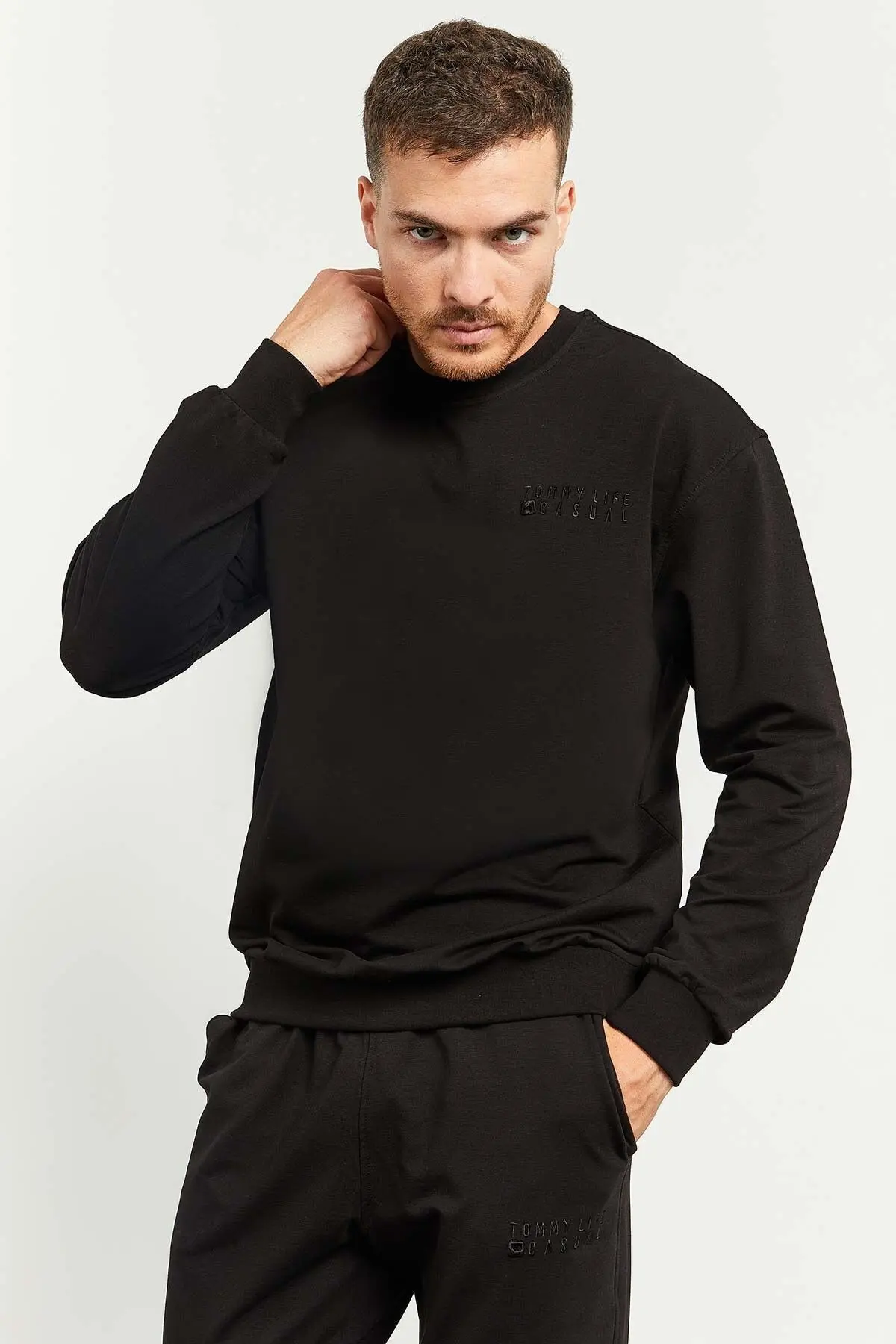Siyah Casual O Yaka Lastik Paça Erkek Oversize Eşofman Takımı - 85120