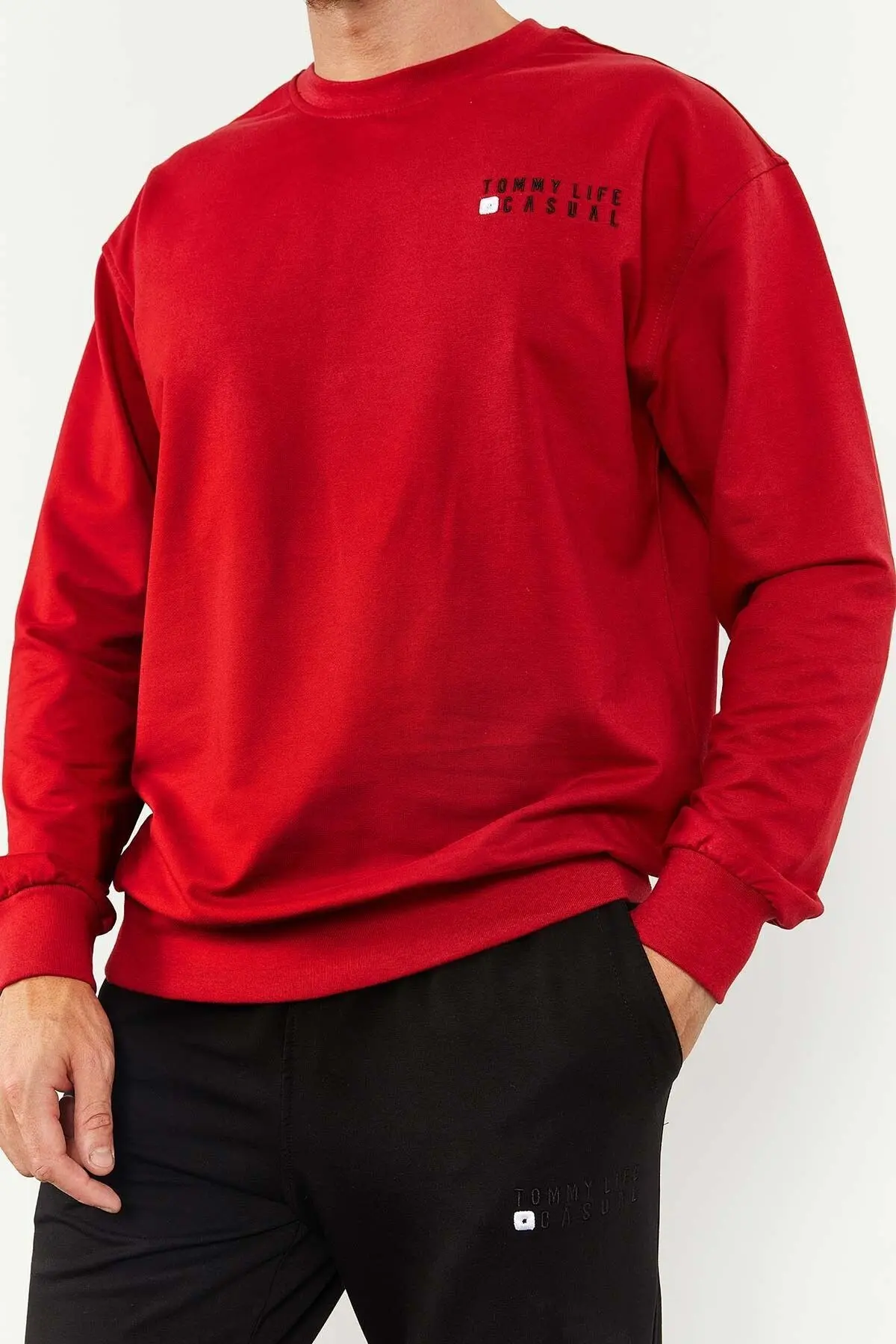 Kırmızı - Siyah Casual O Yaka Lastik Paça Erkek Oversize Eşofman Takımı - 85120