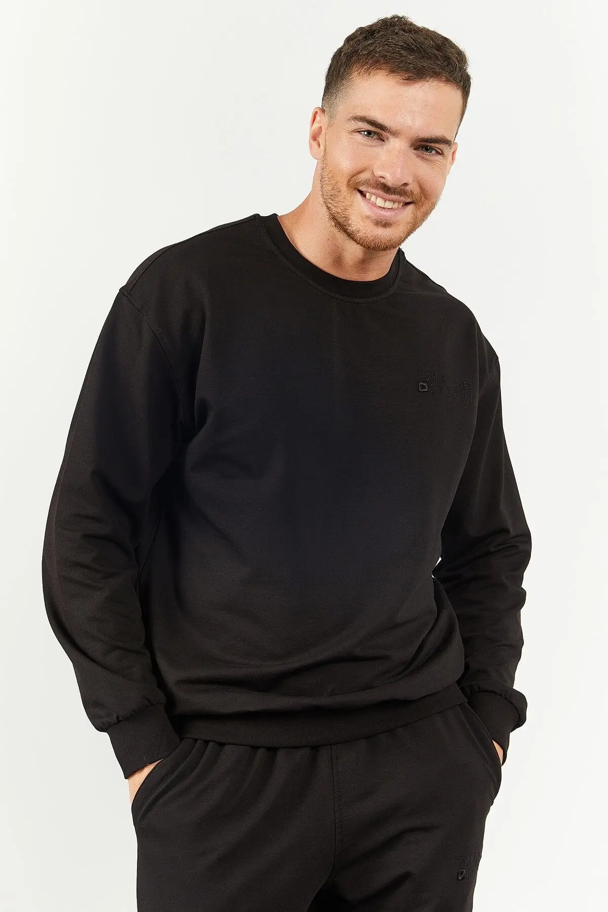 Siyah Casual O Yaka Lastik Paça Erkek Oversize Eşofman Takımı - 85120