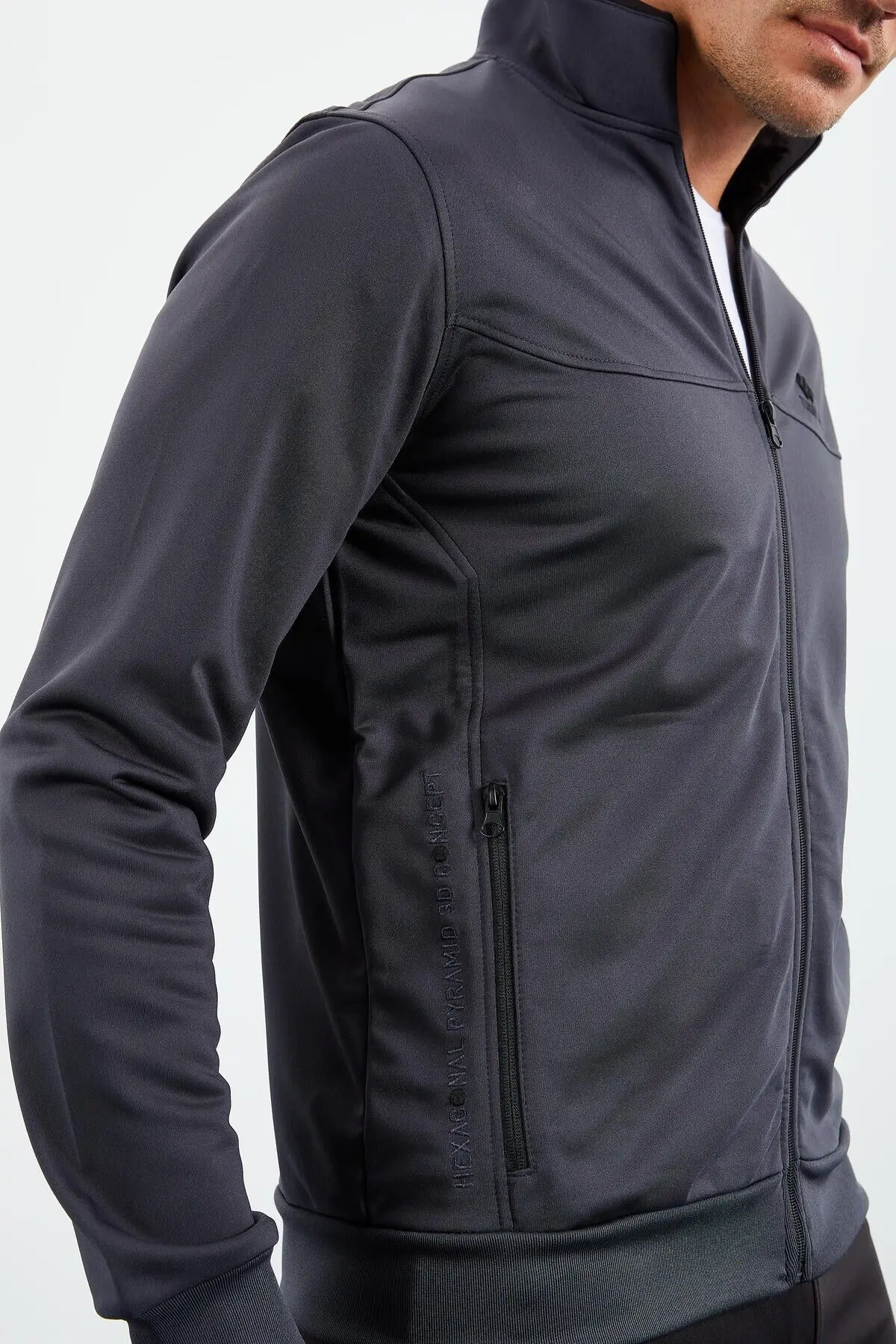 Antrasit - Siyah Dik Yaka Fermuarlı Standart Kalıp Klasik Paça Erkek Eşofman Takımı - 8516