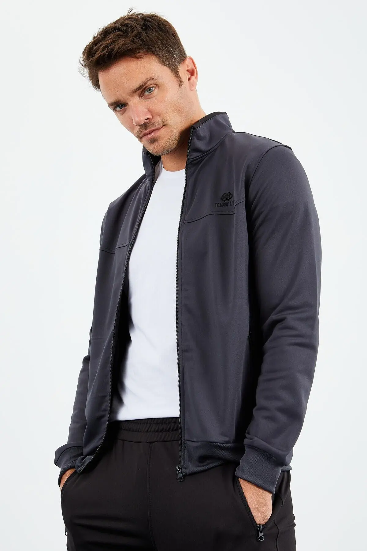 Antrasit - Siyah Dik Yaka Fermuarlı Standart Kalıp Klasik Paça Erkek Eşofman Takımı - 8516