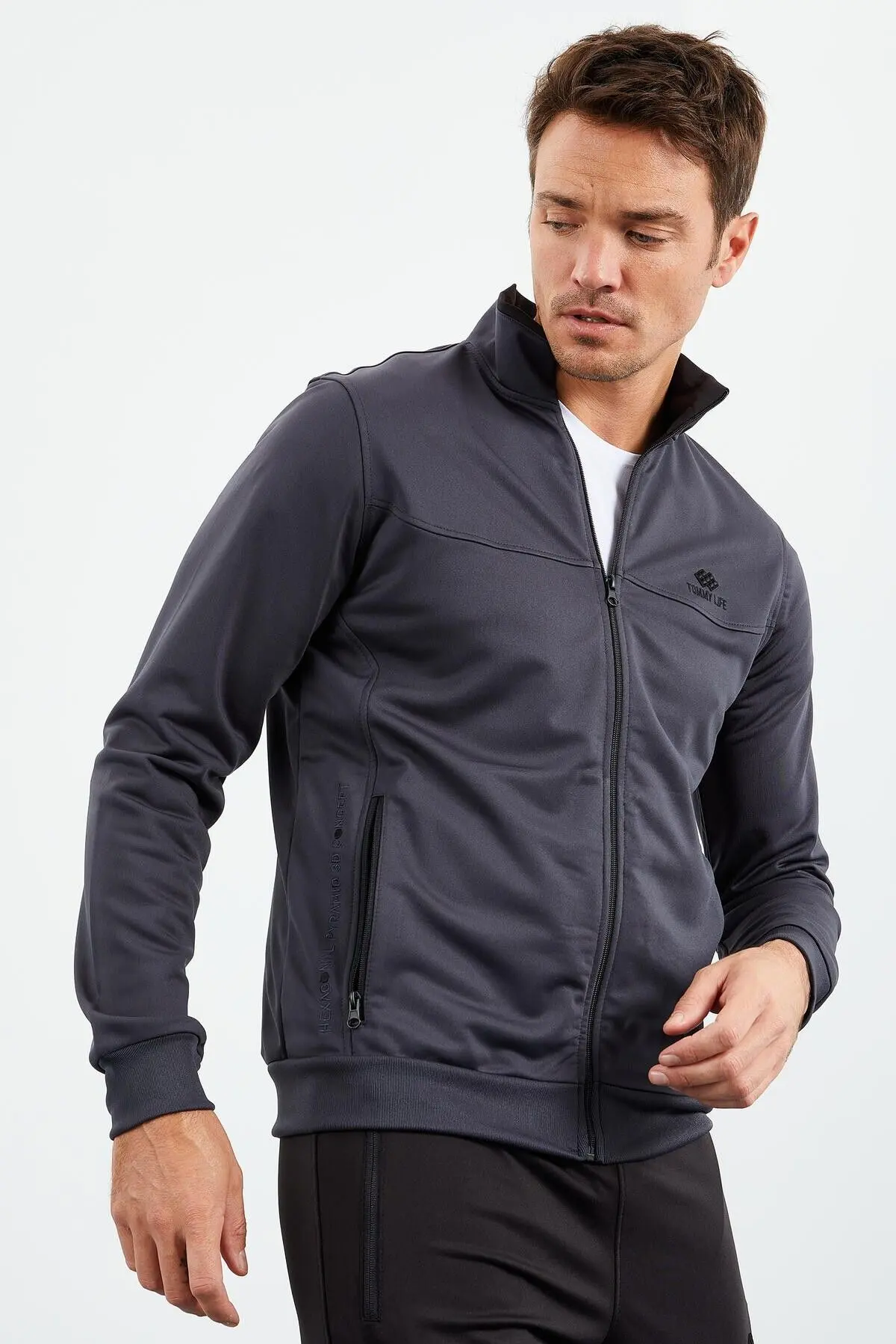 Antrasit - Siyah Dik Yaka Fermuarlı Standart Kalıp Klasik Paça Erkek Eşofman Takımı - 8516