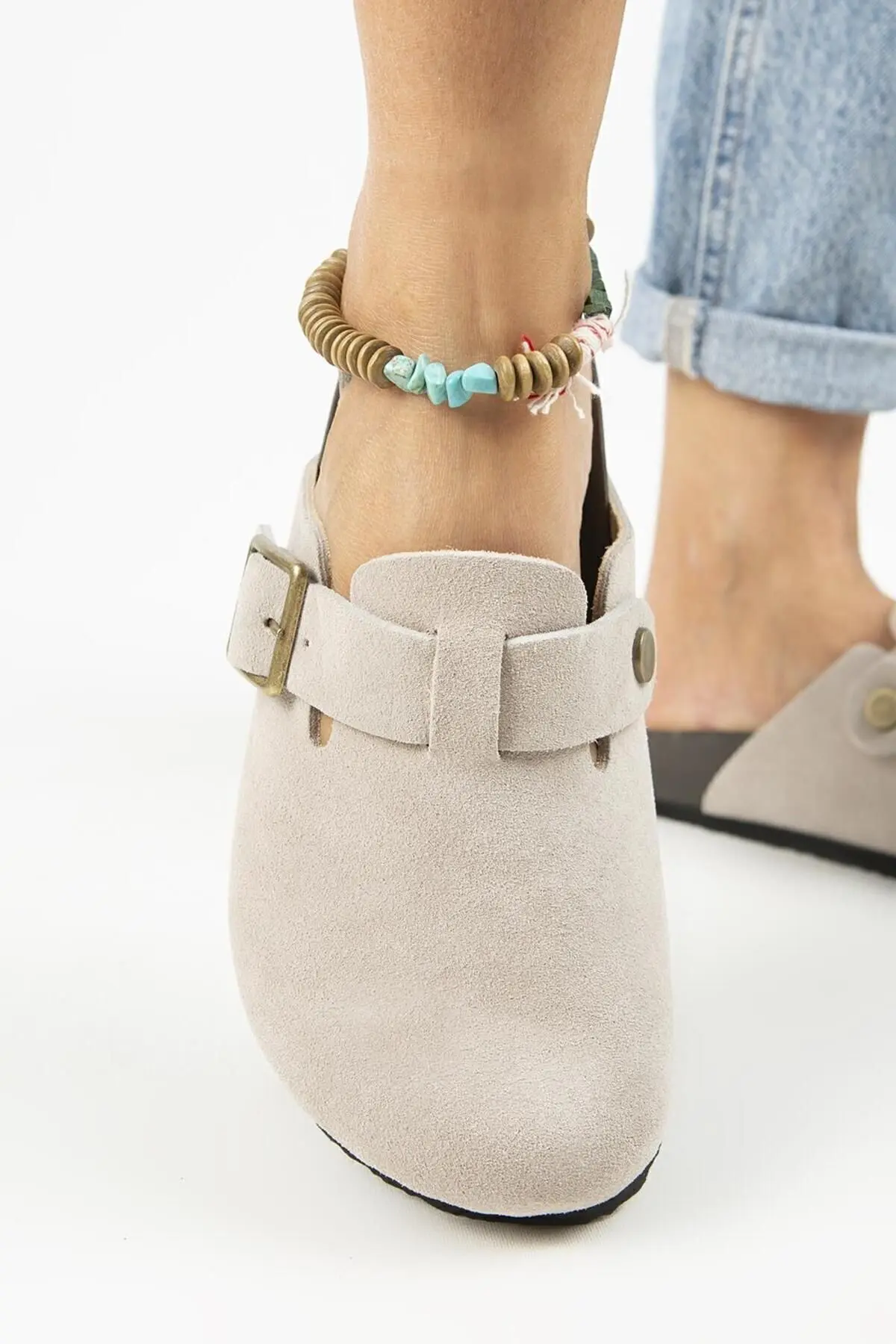 Zeta 2 Kadın Deri  Hakiki Deri Kemerli Tokalı Sabo Bej Terlik