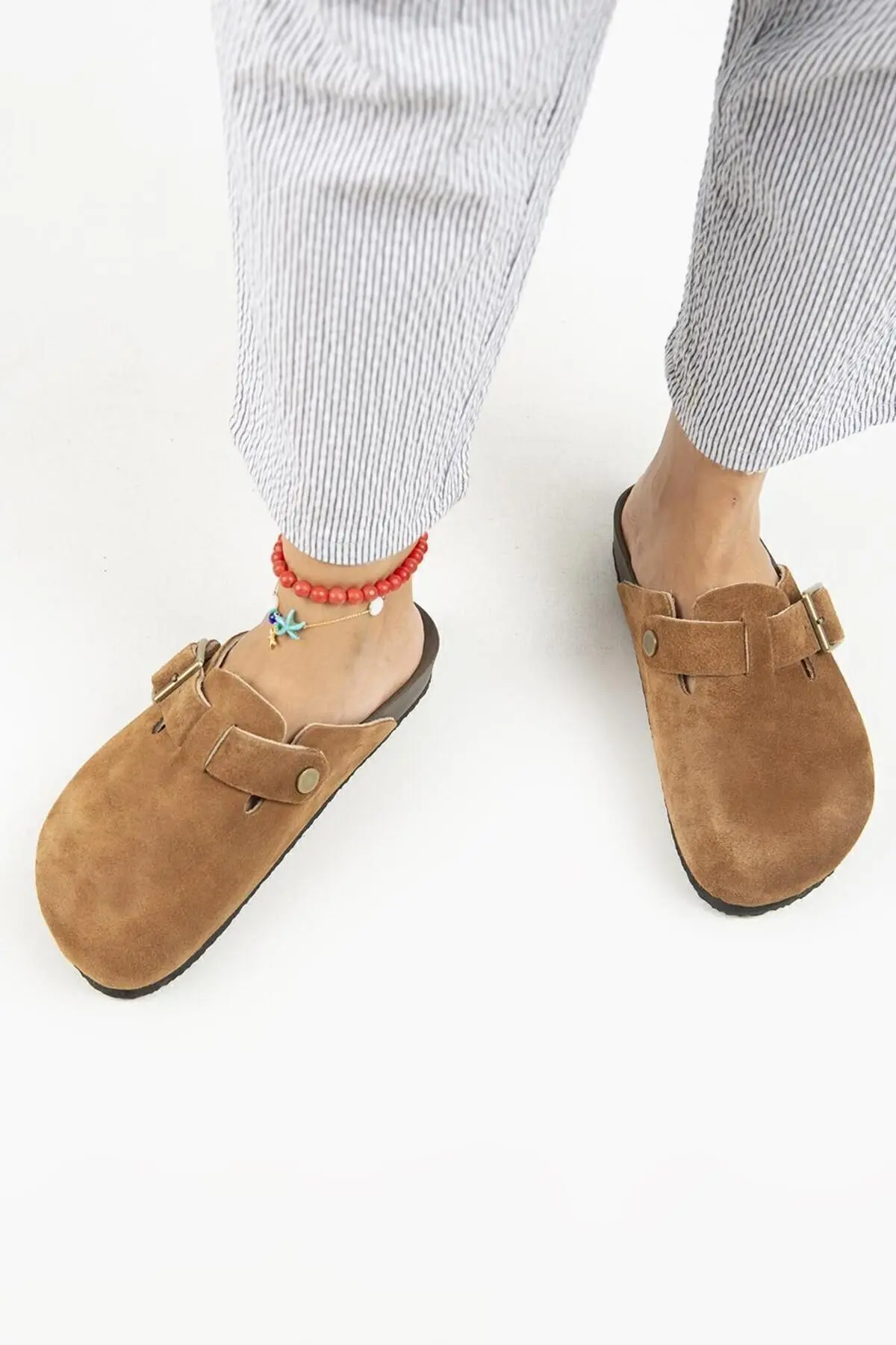 Zeta 2 Kadın Deri  Hakiki Deri Kemerli Tokalı Sabo Taba Terlik