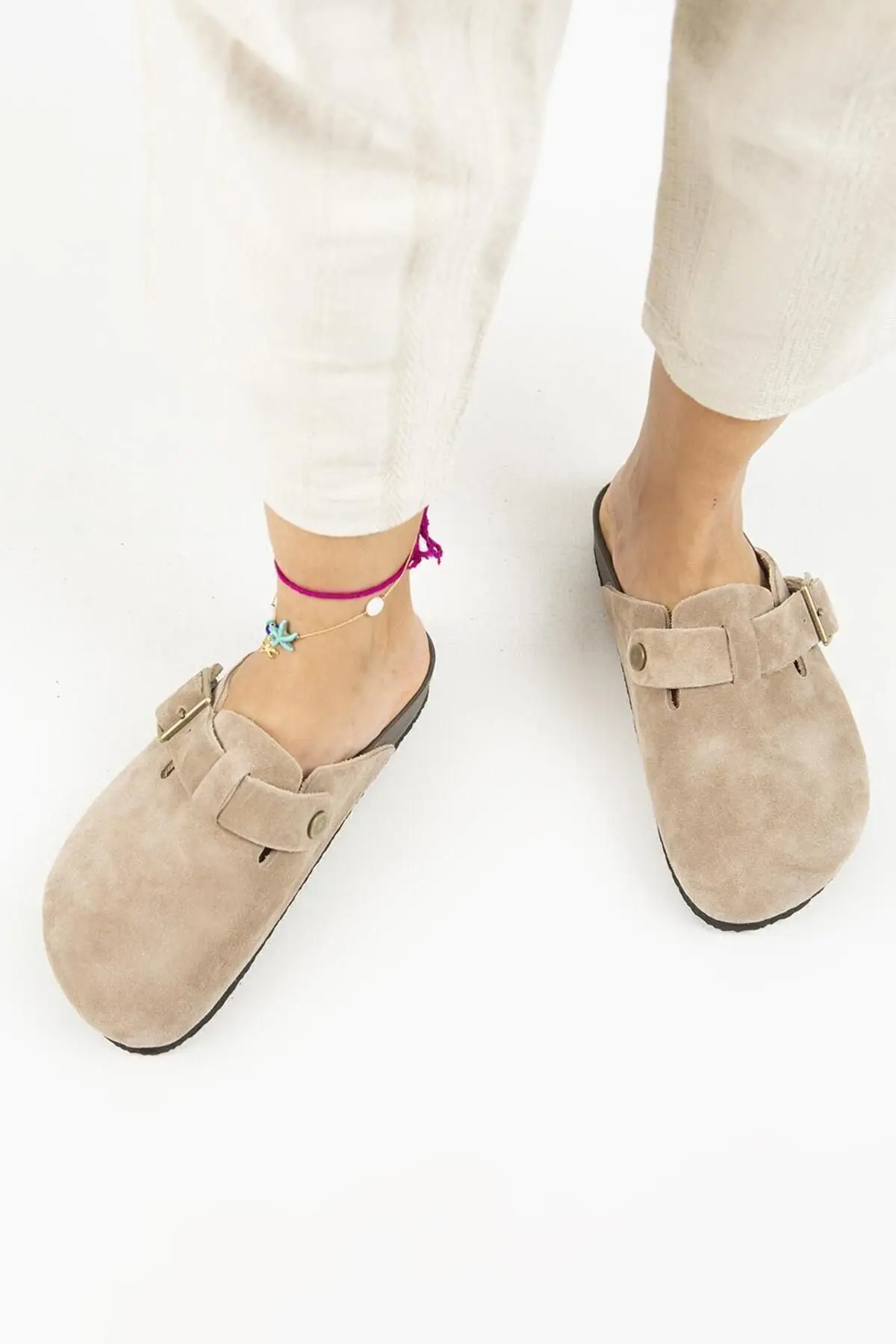 Zeta 2 Kadın Deri  Hakiki Deri Kemerli Tokalı Sabo Vizon Terlik