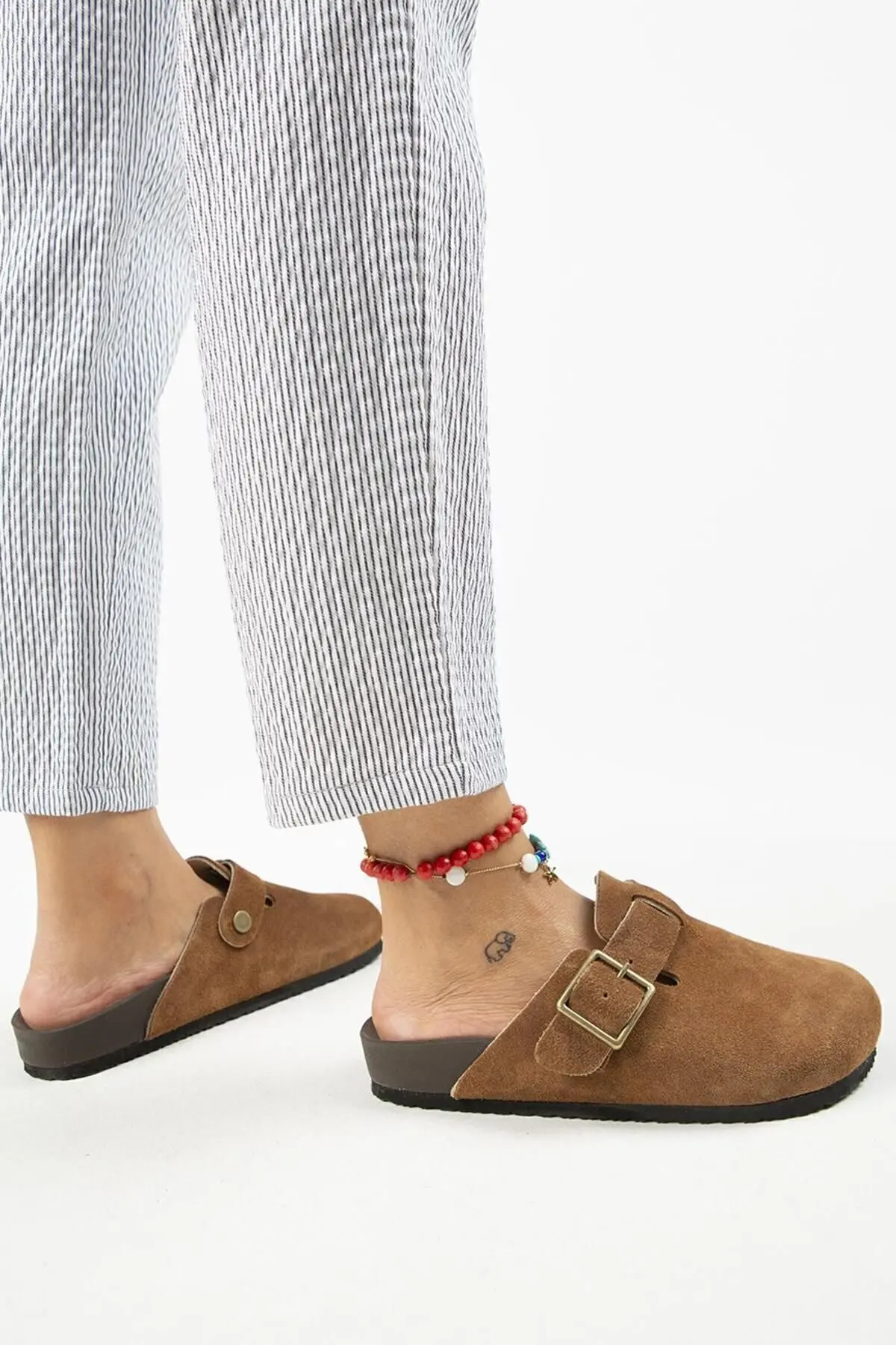 Zeta 2 Kadın Deri  Hakiki Deri Kemerli Tokalı Sabo Taba Terlik