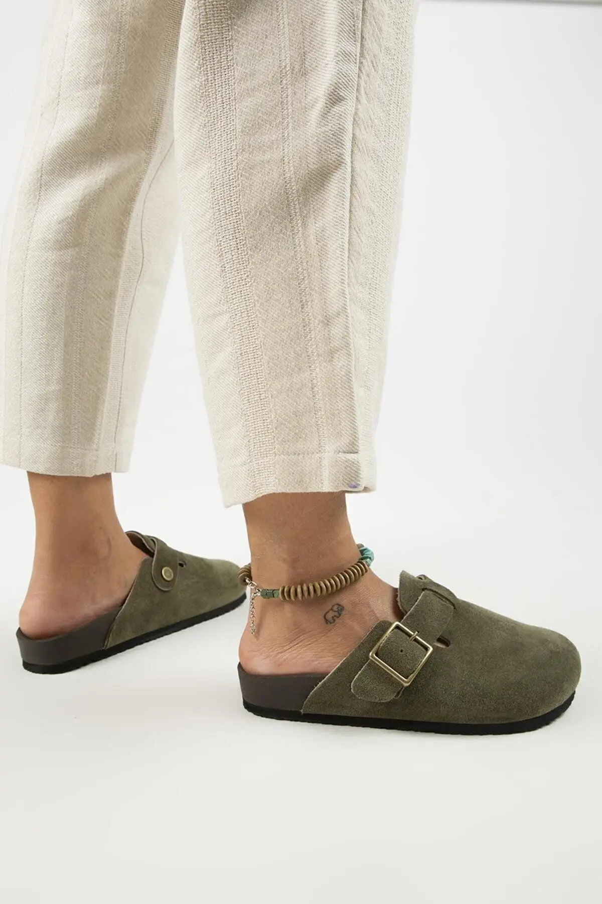 Zeta 2 Kadın Deri  Hakiki Deri Kemerli Tokalı Sabo Haki Terlik