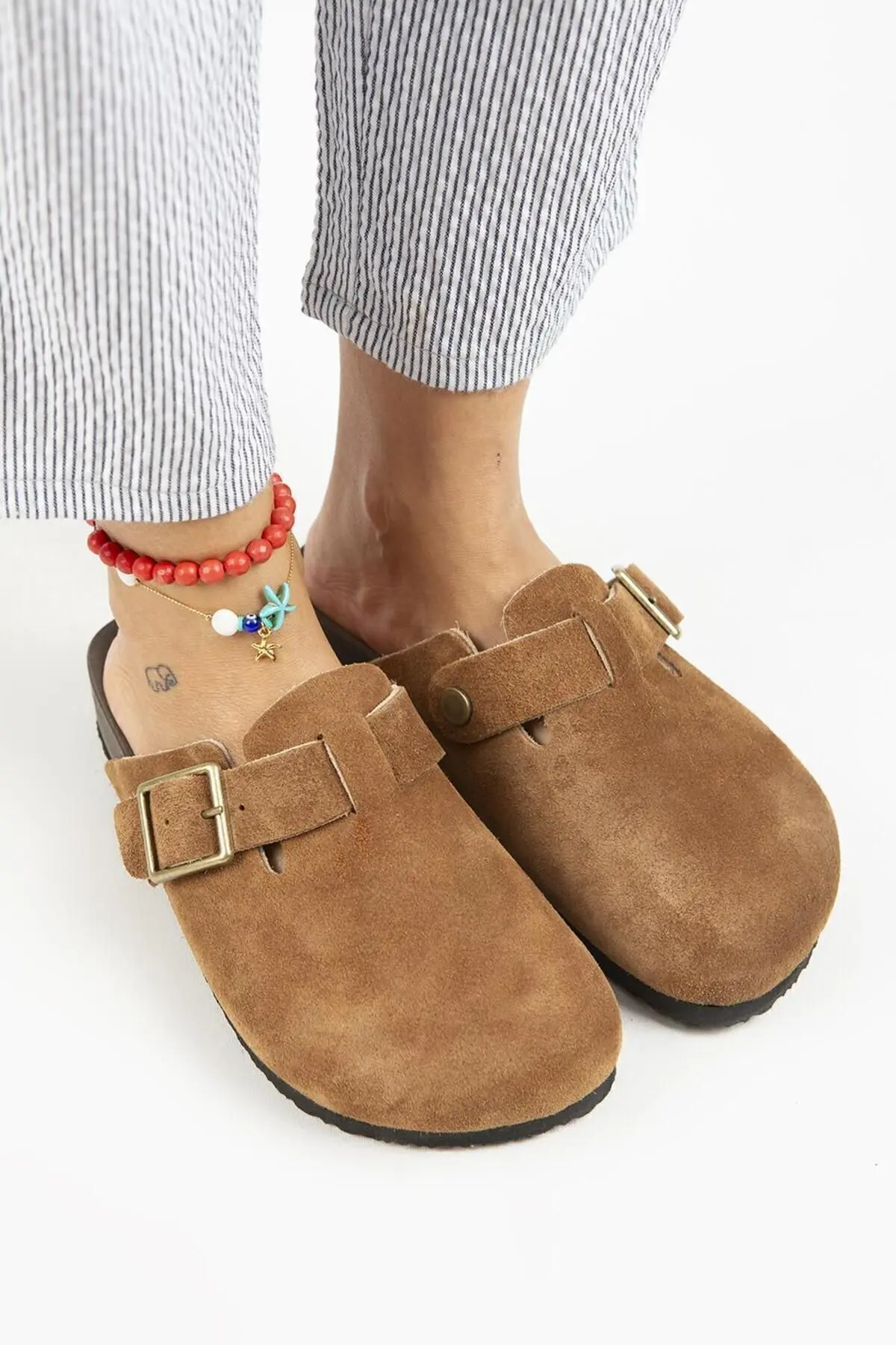 Zeta 2 Kadın Deri  Hakiki Deri Kemerli Tokalı Sabo Taba Terlik