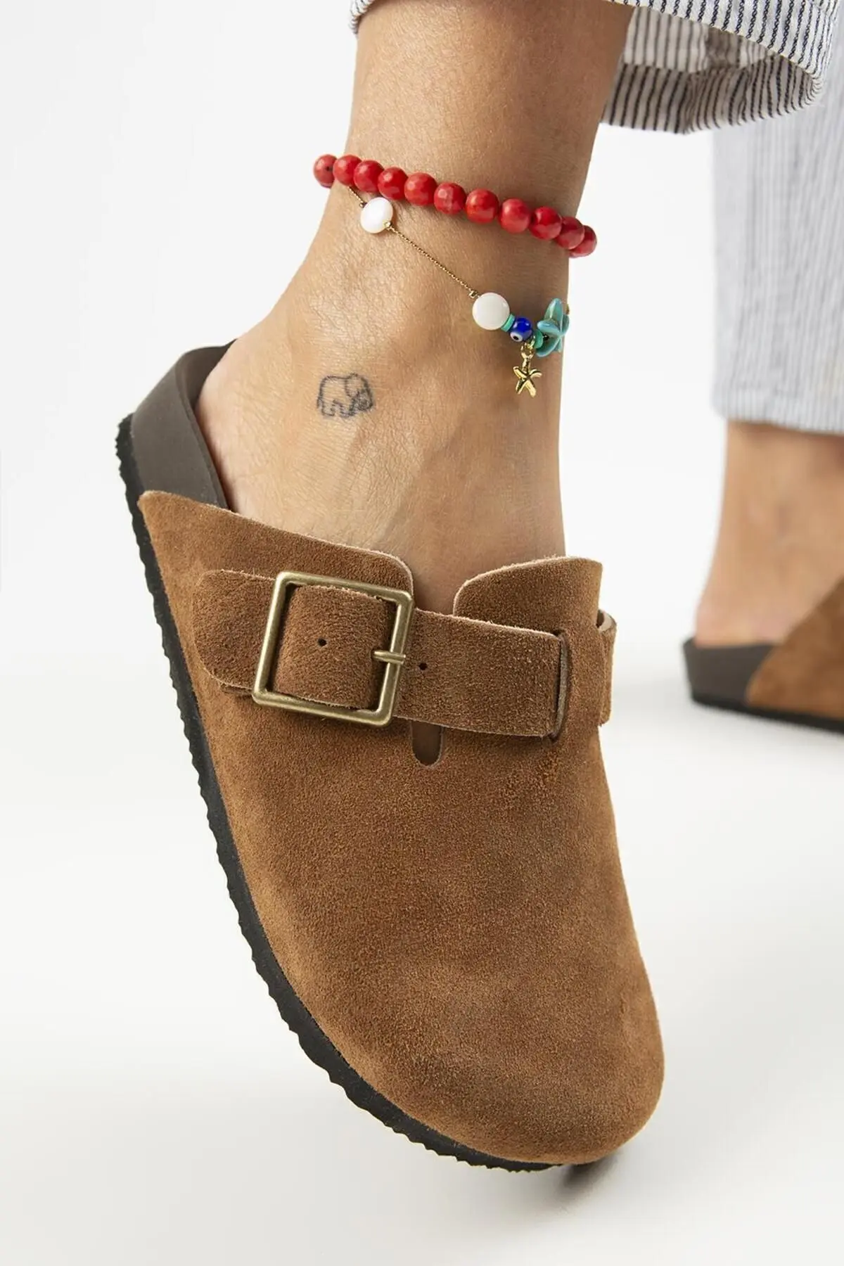 Zeta 2 Kadın Deri  Hakiki Deri Kemerli Tokalı Sabo Taba Terlik