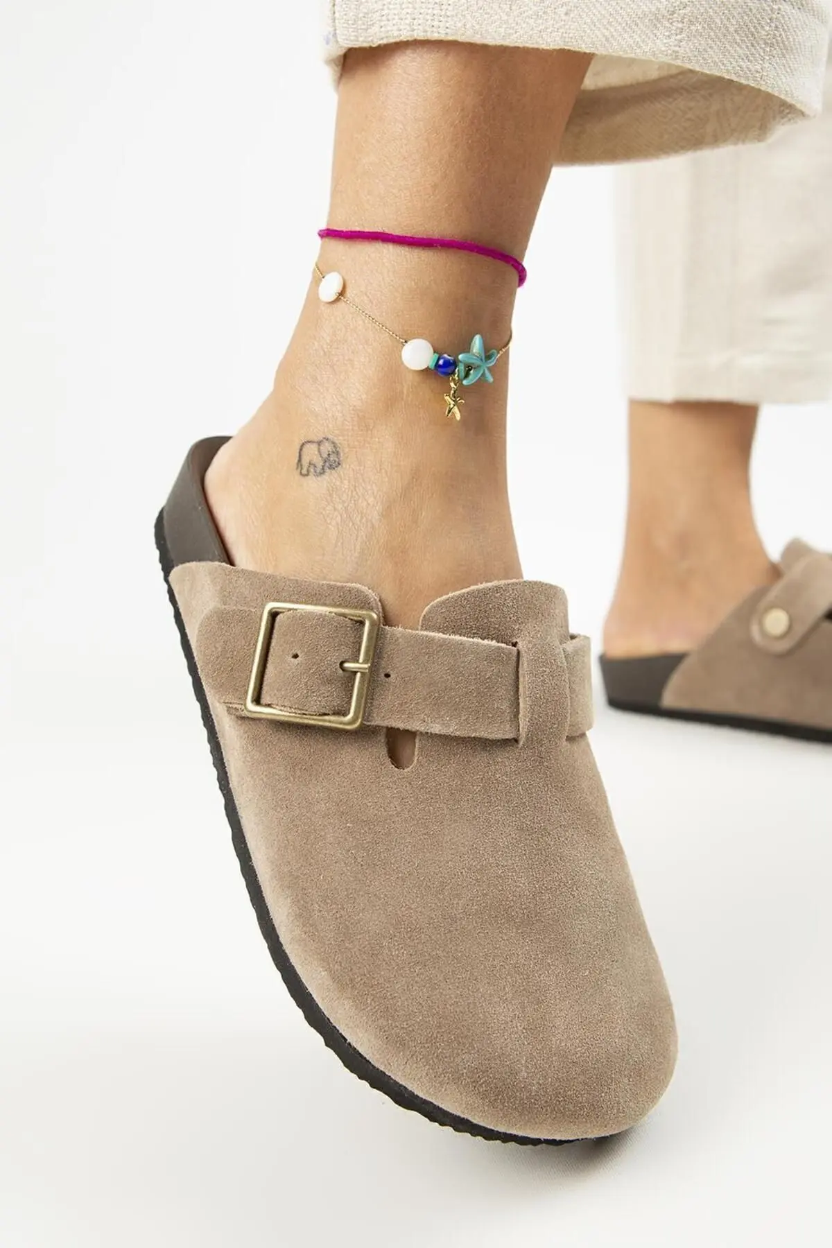 Zeta 2 Kadın Deri  Hakiki Deri Kemerli Tokalı Sabo Vizon Terlik