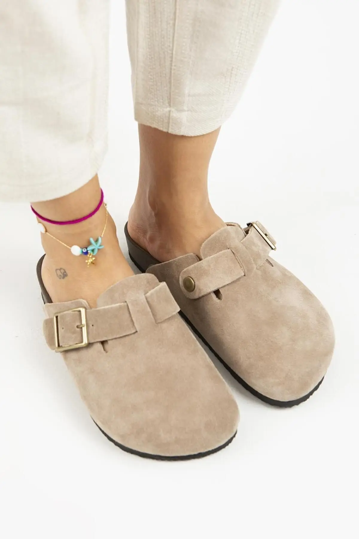 Zeta 2 Kadın Deri  Hakiki Deri Kemerli Tokalı Sabo Vizon Terlik