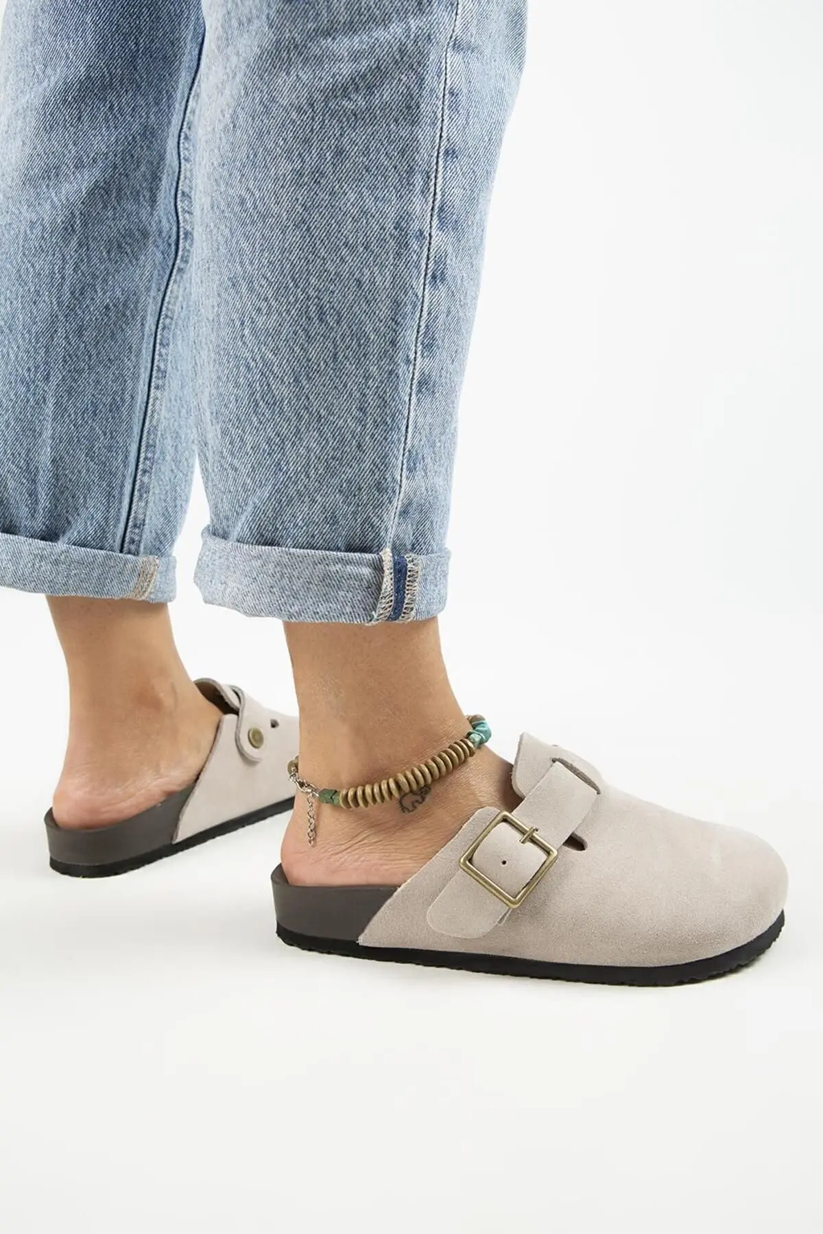 Zeta 2 Kadın Deri  Hakiki Deri Kemerli Tokalı Sabo Bej Terlik