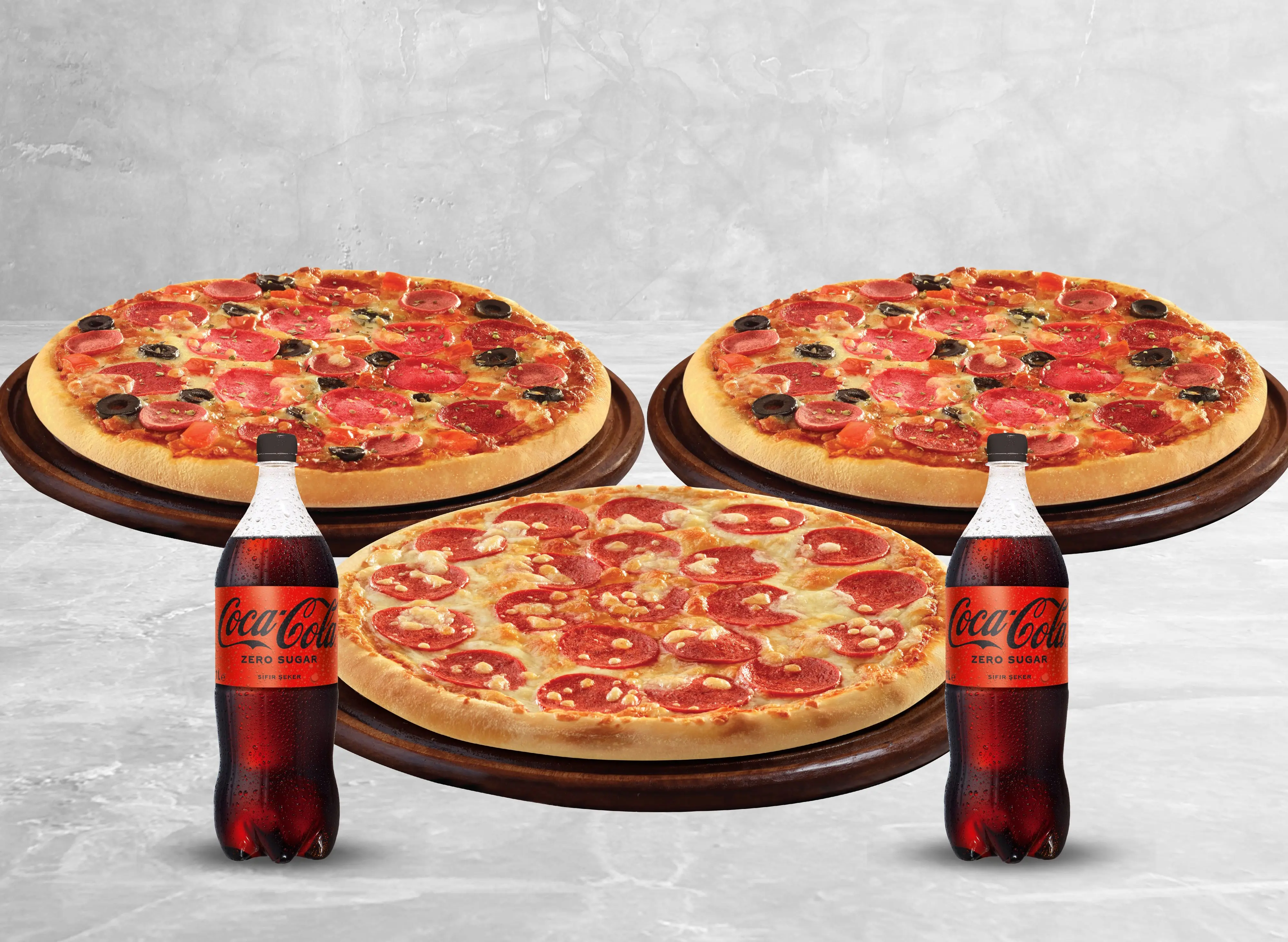 3 Adet Büyük Boy Pizza + 2 Adet Litrelik İçecek